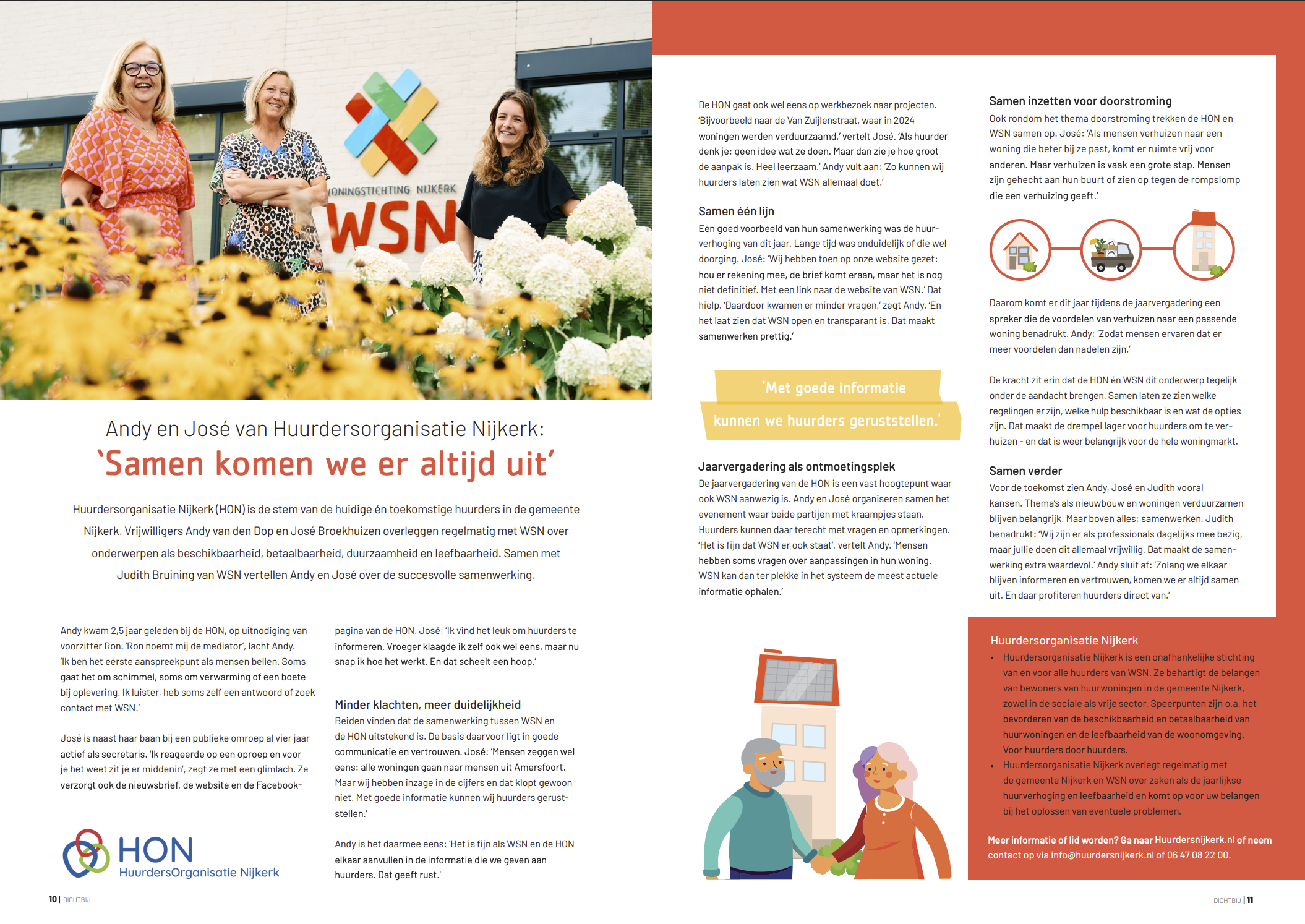 Dubbele pagina uit bewonersmagazine Dichtbij met een artikel over de samenwerking tussen Huurdersorganisatie Nijkerk en Woningstichting Nijkerk, met foto’s, illustraties en tekstblokken.